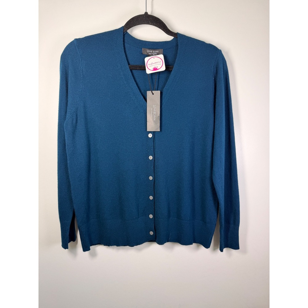 Love Ryan Cardigan Women XL Teal Blue New V-Neck Button Front Knit Sweater